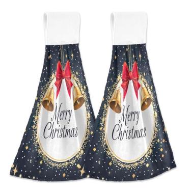 Imagem de Blueangle 2 Pçs Sinos Dourados de Natal Toalhas de Gravata Penduradas Toalha de Mão de Cozinha Absorvente Macio Coral Veludo Pano para Cozinha Banheiro (373)