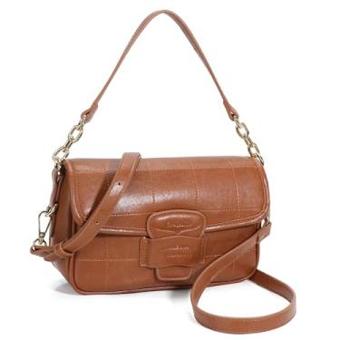 Imagem de Chinllo Bolsa transversal feminina com aba, bolsas de couro vegano com alça superior e alça ajustável, Marrom acolchoado, Medium