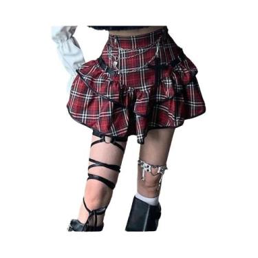 Imagem de Saia Gótica De Cintura Alta Em Xadrez Vermelho Para Mulheres Vintage Y