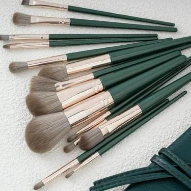 Imagem de Conjunto de 14 pincéis de maquiagem verdes com bolsa, pincéis sintéticos macios profissionais para base, pó, blush, contorno, iluminador e sombra, kit de pincéis cosméticos de virola de alumínio para