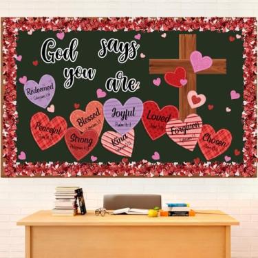 Imagem de Pasimy Conjunto de decoração de quadro de avisos religioso Dia dos Namorados 3D amor coração cruz recortes de papel guirlandas cristãs decoração de sala de aula para escola dominical igreja porta de