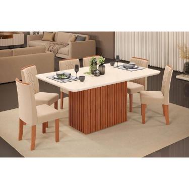 Imagem de Conjunto: Mesa Sala Jantar Canes c/ Tampo Madeirado c/ Vidro Curvo 170x90cm e 6 Cadeiras Zoe Freijo/Off White - Suede Creme - DJ Móveis