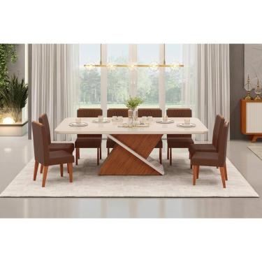 Imagem de Conjunto: Mesa Sala Jantar Zafira c/ Tampo Madeirado c/ Vidro Curvo 200x100cm e 8 Cadeiras Lia Freijo/Off White - Suede Moca - DJ Móveis