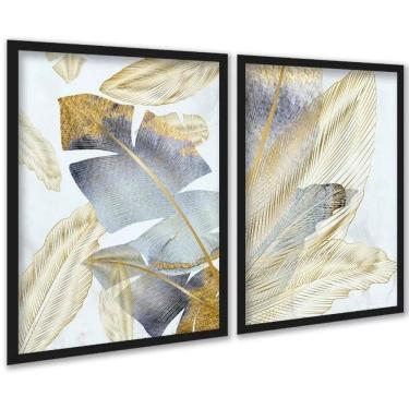 Imagem de Kit 2 Quadros Folhas Bananeiras Cinza E Dourado 24X18Cm