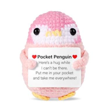 Imagem de Boneca de pinguim positiva engraçada, 6 cm de bolso fofo abraço de pinguim de crochê com cartão, suporte emocional, incentivo inspirador, batata para família, amigo, casa, decoração de presente (rosa)