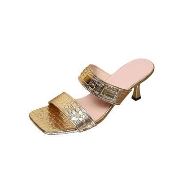 Imagem de Sandálias femininas de salto quadrado com design de tiras confortáveis e modernas para uso casual primavera verão, Dourado, 38