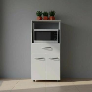 Imagem de Balcão Multiuso Para Cozinha 2 Portas 1 Gaveta Com Nicho Branco Branco