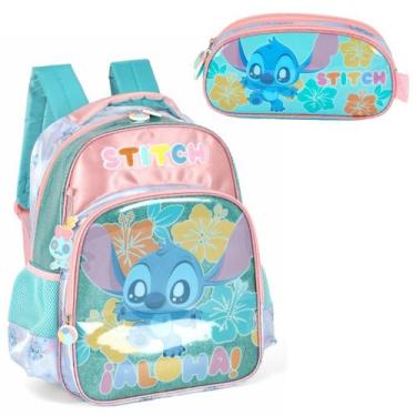 Imagem de Kit Mochila Stitch Costas Escolar Disney Turquesa Com Estojo - Luxcel