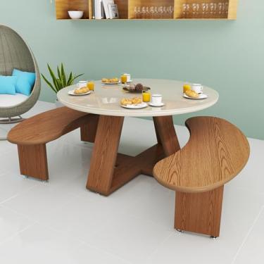 Imagem de Mesa de Jantar Redonda com Tampo de Vidro Off White e Bancos Curvos em Madeira Design Contemporâneo e Estrutura Robusta