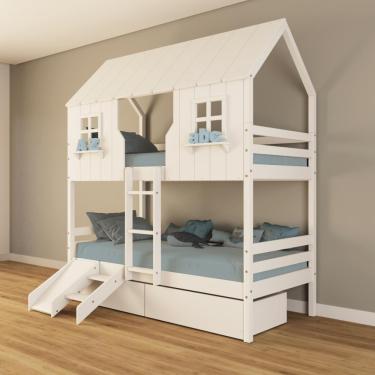 Imagem de Beliche Casinha 2 Gavetas Escada Escorregador Branco