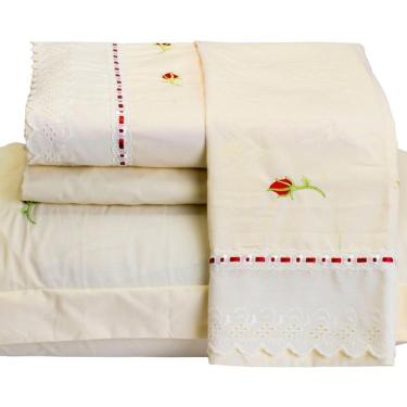 Imagem de Jogo De Cama Felicitá Casal Queen 4 Peças Percal 200 Fios 100% Algodão Bordado - Marfim