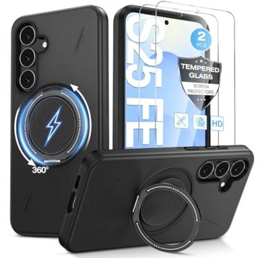 Imagem de Capa para Samsung Galaxy S25 FE com [2 unidades] protetor de tela de vidro temperado e anel de suporte de 360° [compatível com MagSafe], capa resistente à prova de choque para celular Galaxy S25FE de