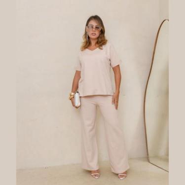 Imagem de Conjunto Moletom Feminino Pantalona Blusa Manga Curta Gola V - Rosana 