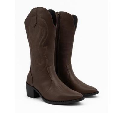 Imagem de Bota Country Marrom Texana Zíper Cano Alto Bordada Feminina-Feminino