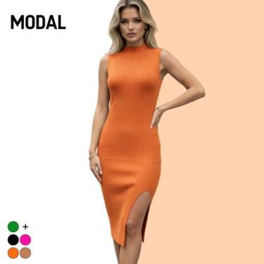 Imagem de Vestido Midi Tricot Premium Feminino Modal Fenda Lateral - Vitrine Col