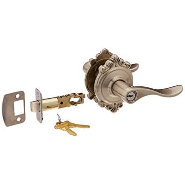Imagem de Schlage Lock Company F51AACC619BRK Maçaneta de porta com chave em níquel acetinado F51A à prova de pânico com roseta Brookshire