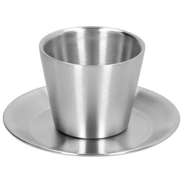 Imagem de Conjunto de xícaras de café, caneca de café de parede dupla com pires, copo de café inoxidável de grau alimentício, para casa, café, casa de chá