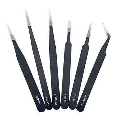 Imagem de Conjunto de 6 pinças de precisão com bolsa de armazenamento, kit de pinças ESD de aço inoxidável antiestática para eletrônicos, sodlering, joias, artesanato, trabalho de laboratório, bricolage, manutenção