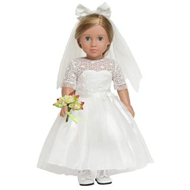 Imagem de Sweet dolly Roupas de boneca, vestido de noiva branco, lindo conjunto de buquê para bonecas americanas de 45,7 cm