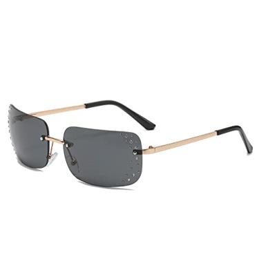 Imagem de Óculos de sol retangular sem aro feminino Óculos de sol sem armação de cristal para senhoras Guarda-sol Óculos UV400, C01 Ouro Preto, Com uma bolsa