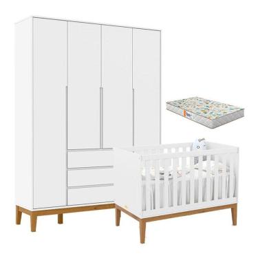 Imagem de Berço Americano Unique e Guarda Roupa 4 Portas Nature Clean Branco Soft Eco Wood com Colchão Gazin - Matic