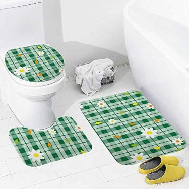 Imagem de Conjunto de tapetes e tapetes de banheiro 3 peças floral em xadrez verde, tapete de banheiro de espuma viscoelástica, lavável, antiderrapante, tapete e tampa para banheiro