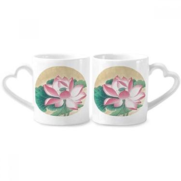 Imagem de Conjunto de canecas de porcelana para casal com pintura chinesa Water Lotus com alça de coração