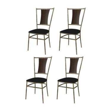 Imagem de Kit 4 Cadeiras De Jantar Estofada Preta Em Aço Ouro Envelhecido Barcel