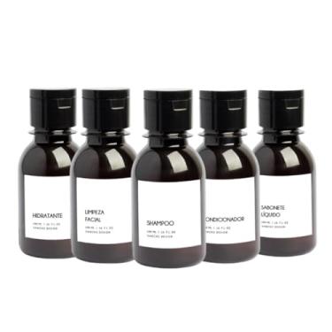 Imagem de Kit 5 Frascos Âmbar Viagem Plus 100ml Plástico Âmbar Shampoo Condicionador Sabonete Líquido Hidratante Limpeza Facial Portatil Prático Leve Banheiro Nicho Tampa Flip Versátil