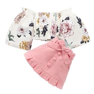 Imagem de Roupas de bebê para meninas, roupas de verão, manga curta, ombro de fora, floral, babados, camiseta (rosa, 12 meses)