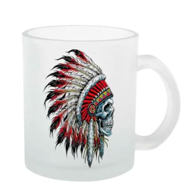 Imagem de Caneca Vidro Jateada Caveira sinistra cocar indígena