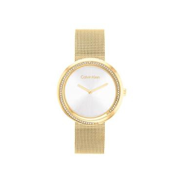Imagem de Calvin Klein Relógio feminino de quartzo 2H com bisel torcido de 34 mm - pulseira de aço inoxidável - resistência à água 30 metros - estilo minimalista - moda premium - presente para ela, Prateado,