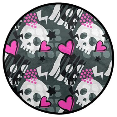 Imagem de Dinarno Pink Love Skull Star Tapete de área redonda durável macio tapete redondo lavável tapete redondo antiderrapante tapete para quarto, sala de estar, cozinha, banheiro, decoração de pátio, tapete circular