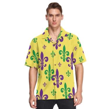 Imagem de Camisa masculina havaiana de botão manga curta Mardi Gras lírio francês roxo verde amarelo estampado camisa de Playa para, Carnaval Mardi Gras, flor de lis amarela, XXG