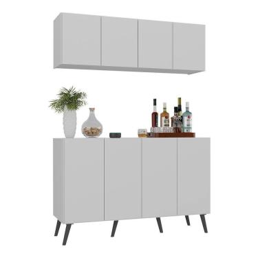 Imagem de Kit Bar Armário Aéreo E Aparador 4 Portas Retrô Multimóveis Mp1086 Branco/preto Branco/preto