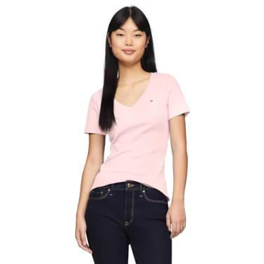 Imagem de Tommy Hilfiger Camiseta feminina com logotipo de cor lisa com gola V, (Coleção 2024) Rosa gelado., G