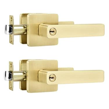 Imagem de Leydebong 2 maçanetas de porta de entrada quadrada com fechadura e chaves, diferentes maçanetas externas/internas com chave para entrada de quarto ou banheiro, fechadura de porta de latão acetinado