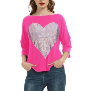 Imagem de PESION Camiseta feminina de manga 3/4 com lantejoulas, para o dia dos namorados, camiseta gráfica de coração com letras de amor, presente de dia dos namorados, Coração rosa + prata, 3G