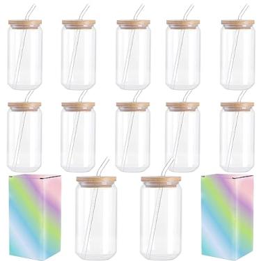 Imagem de ABBSH Copos de vidro de sublimação, copo de vidro transparente de sublimação 473 ml, copo de lata de cerveja, copos foscos com tampas de bambu e canudos, pacote com 12