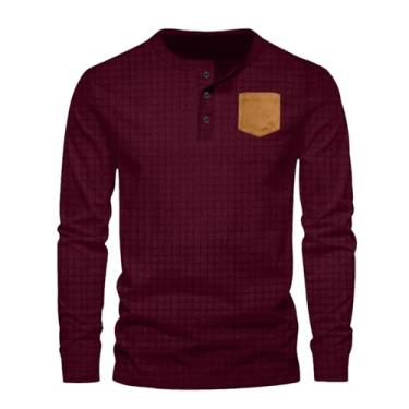 Imagem de Camiseta masculina casual de negócios Henley manga longa dia lazer botão cor sólida xadrez patch bolso camisetas, Vinho, GG