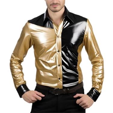 Imagem de Camisas masculinas de patchwork de cores brilhantes estilo boate manga longa trespassado camiseta tops roupas masculinas, Dourado, M