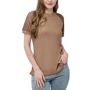Imagem de Sanifer Camiseta feminina de manga curta, gola redonda, renda, casual, waffle, Marrom, GG