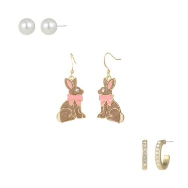 Imagem de Madison Tyler Conjunto de 3 pares de brincos de Páscoa | Brincos de pérola | Brinco de ouro | Brincos de coelho fofos | Brincos de coelho para meninas | Brincos hipoalergênicos para presente de joias