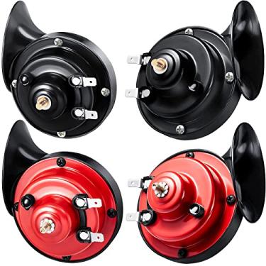 Imagem de NUENUN Buzina de trem super alta 300DB para caminhão, barco, carro - 4 peças 12 V à prova d'água duplo ar caracol elétrico buzina única com som violento (preto e vermelho)