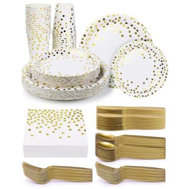 Imagem de 224 peças de artigos de festa, conjunto de pratos de festa com pontos brancos e dourados, copos e guardanapos com facas de plástico, garfos, colheres, utensílios de mesa descartáveis servem 32 conjuntos para casamento, aniversário, formatura, festivais