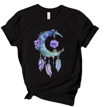 Imagem de HJIOOP Camisetas engraçadas com estampa de apanhador de sonhos da lua camiseta feminina verão casual manga curta gola redonda camisetas, Preto, XXG