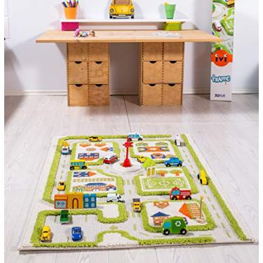 Imagem de IVI Tapete e tapete infantil 3D grosso em uma cidade colorida design para crianças com campo de futebol, parque de carro e estradas, verde, 81 x 114 cm