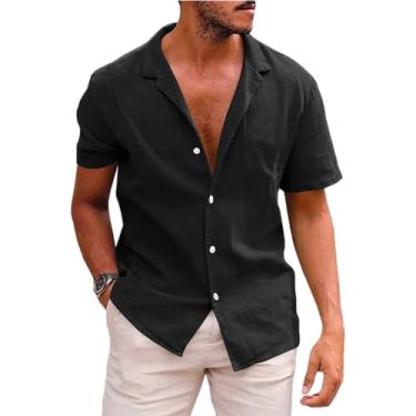 Imagem de Camisetas masculinas de linho casual manga curta abotoadas verão praia camisetas modernas, Preto, G