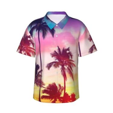 Imagem de Xiso Ver Camiseta masculina tropical de verão com frutas havaianas, manga curta, casual, praia, verão, festa na praia, Palmeira tropical ao pôr do sol, P