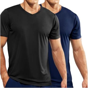 Imagem de Haimont Camisetas esportivas masculinas com gola V, leve, academia, corrida, manga curta, absorção de umidade, proteção UV, Preto/azul marinho, XXG